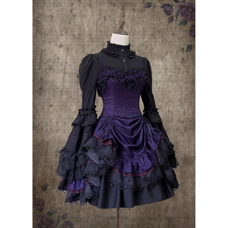 本紫の花群集の刺繍ワンピースとジャンパースカート[2025年12月中旬-2026年1月中旬発送予定]
