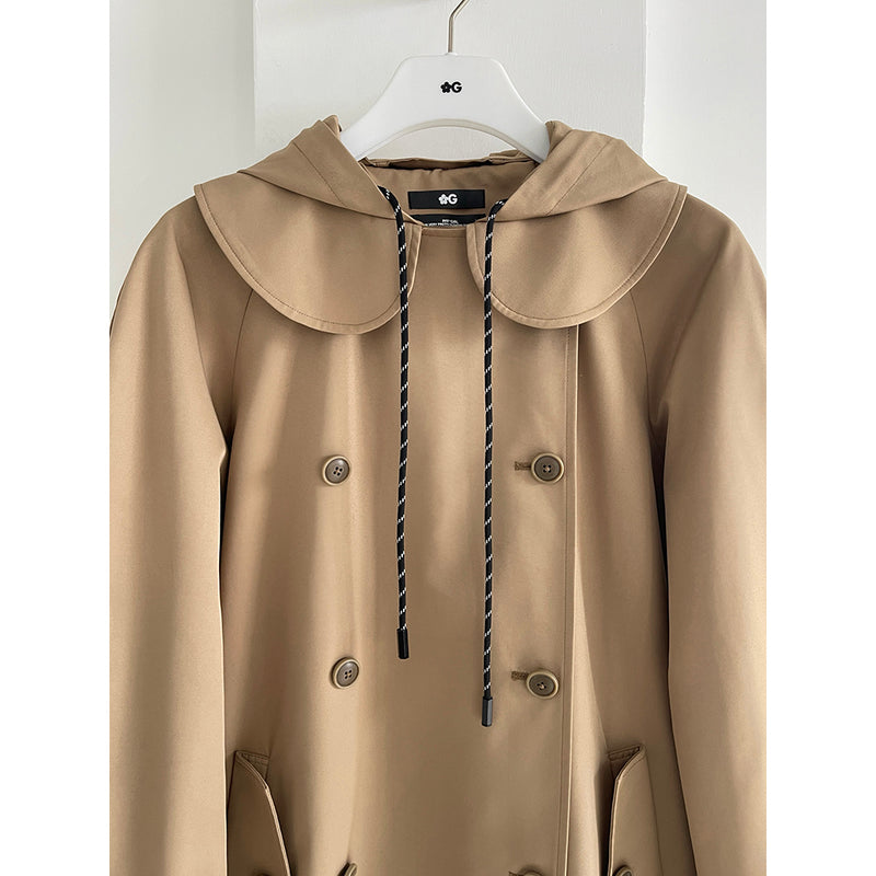 Khaki Doll Collar Detachable Hooded Trench Coat