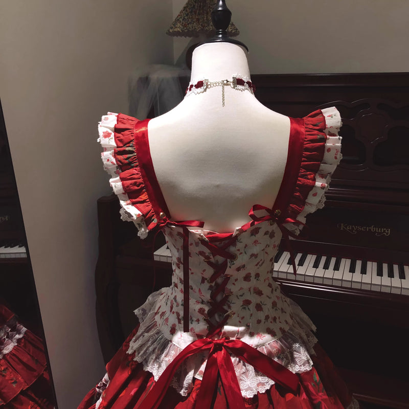 深紅の薔薇の編み上げビスチェとティアードスカート[2026年3月下旬-4月