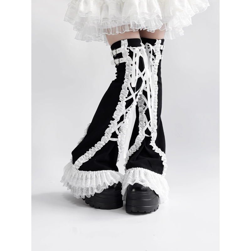 Black Frill Lace-up Leg Warmers