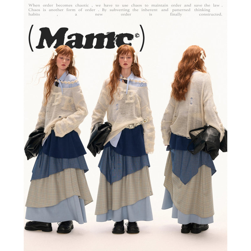 Color Block Check Long Skirt - Navy Beige