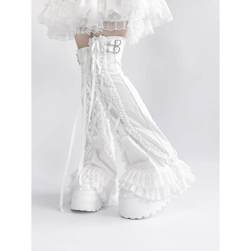 White Frill Lace-up Leg Warmers