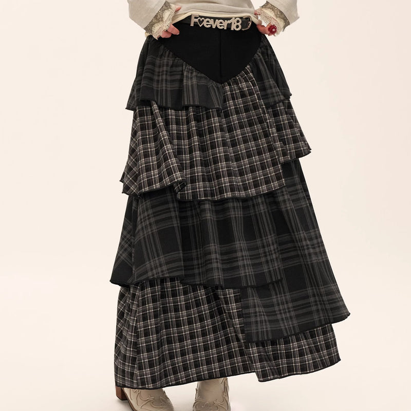 Asymmetrical Checkered Layered Skirt