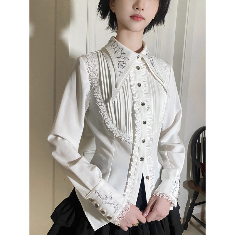 中世貴族の薔薇刺繍ブラウス - White[2025年9月中旬-10月上旬発送予定]