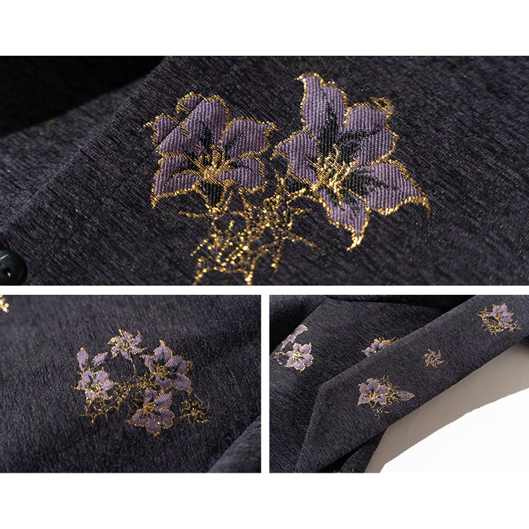 紫百合と朝顔の刺繍ジャケットとジャンパースカート - Dark Purple