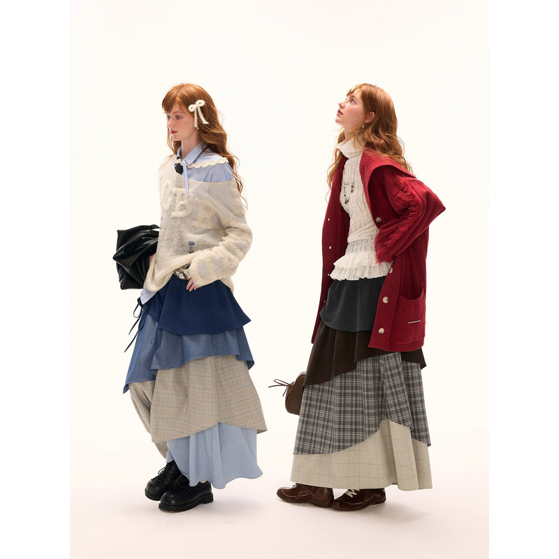 Color Block Check Long Skirt - Navy Beige