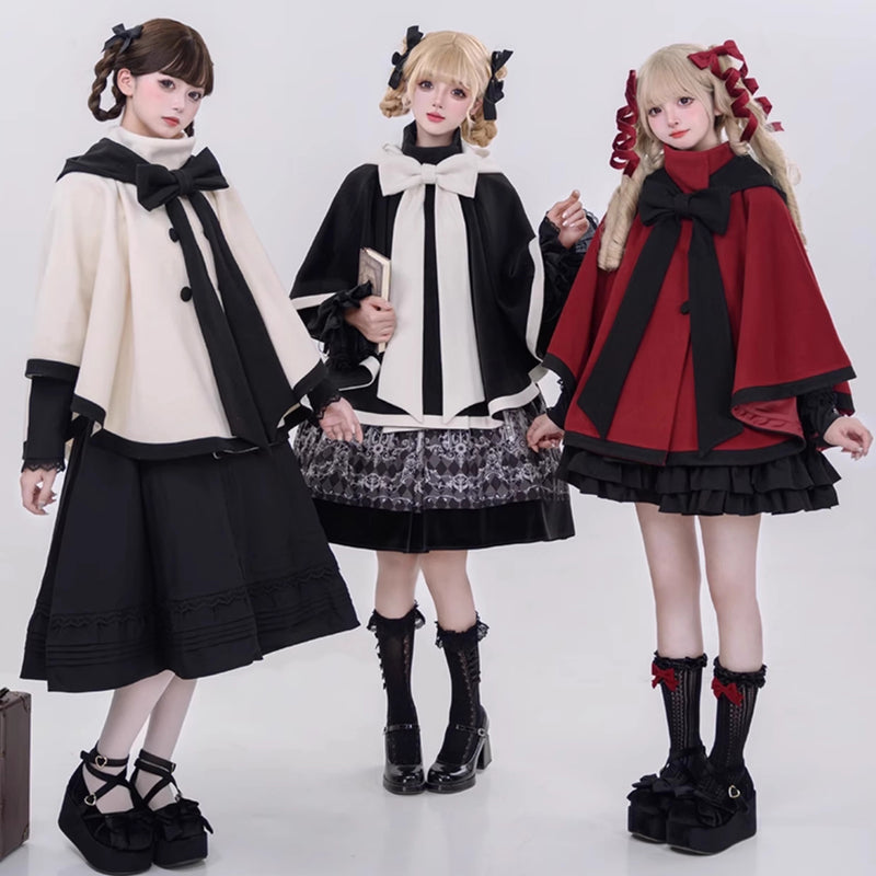 物語のお嬢様のケープコートとリボンフード - Wine Red[2025年12月上旬-2026年1月上旬発送予定]