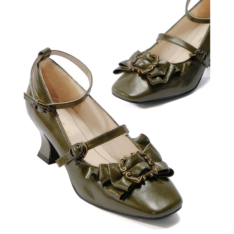 Vintage Inspired Mary Jane Pumps - Olive[2025年4月上旬-4月下旬発送予定]