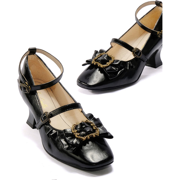 Vintage Inspired Mary Jane Pumps - Gloss Black[2025年4月上旬-4月下旬発送予定]