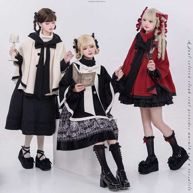 物語のお嬢様のケープコートとリボンフード - Wine Red[2025年12月上旬-2026年1月上旬発送予定]