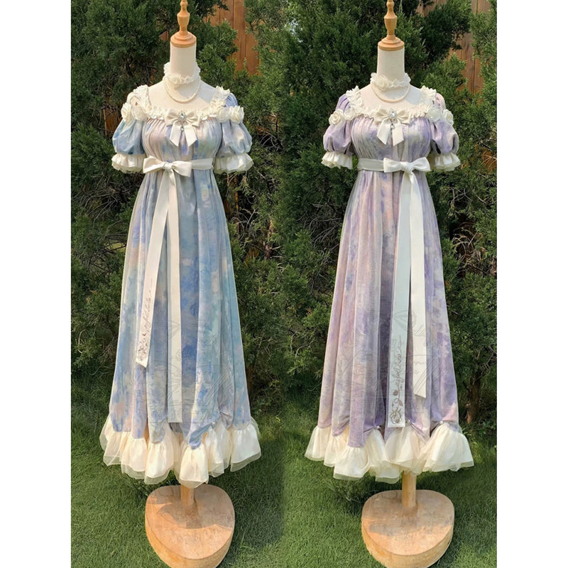 睡蓮の池の油彩画ヴィクトリアンワンピース - Light Blue[2025年8月中旬-9月中旬発送予定]