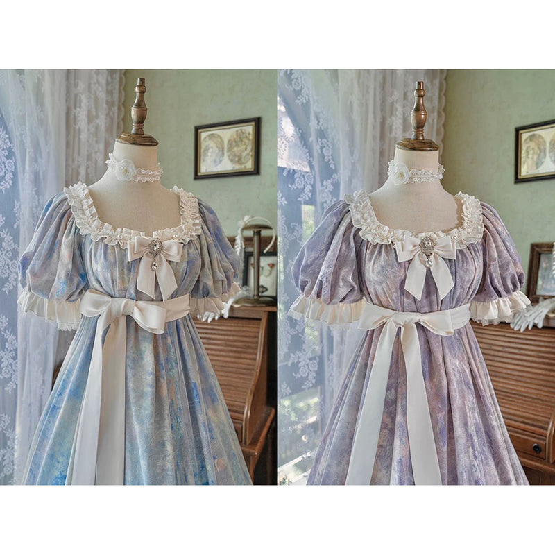 睡蓮の池の油彩画ヴィクトリアンワンピース - Light Blue[2025年8月中旬-9月中旬発送予定]