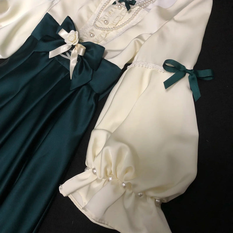 王侯貴族のお嬢様のクラシカルワンピース - Teal Green × White[2025年5月下旬-6月中旬発送予定]