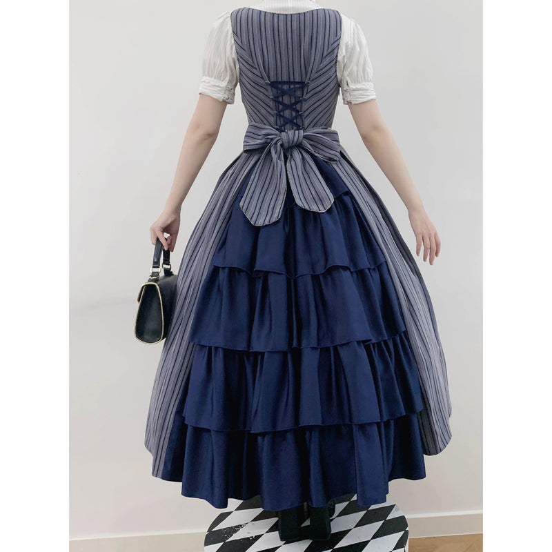 西洋令嬢の縦縞クラシカルジャンパースカート - Navy Gray[2026年1月上旬-1月下旬発送予定]