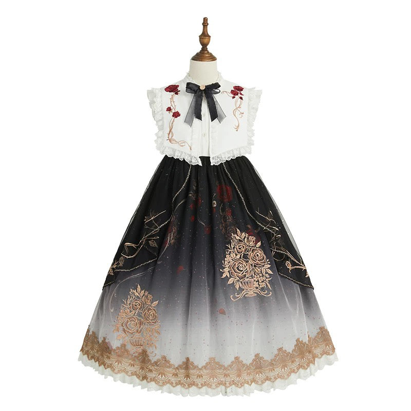 暗黒の薔薇の刺繍ワンピース[2025年10月下旬-11月中旬発送予定]