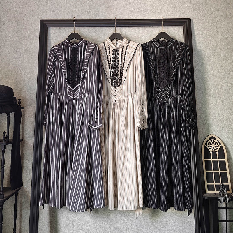 西洋令嬢の縦縞クラシカルワンピース - Dark Gray[2025年12月上旬-12月下旬発送予定]