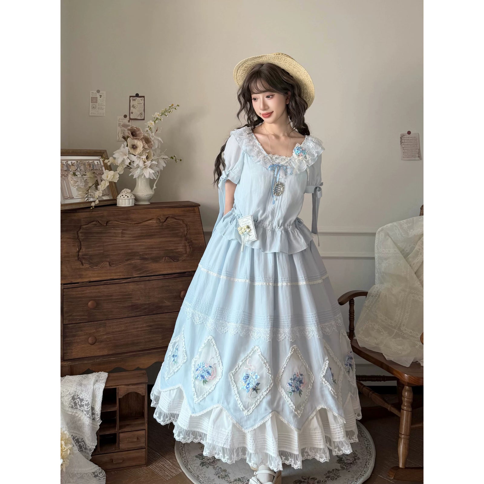 紫陽花の花の刺繍スカートとブラウス - Light Blue – ManusMachina