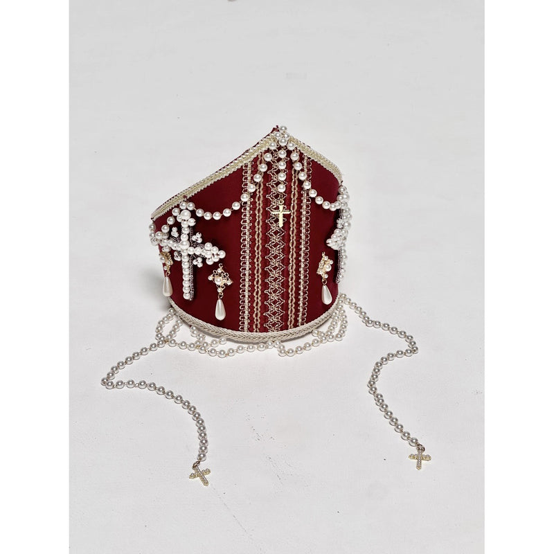 月夜の修道女の刺繍ミトラ - Wine Red × Gold[2025年12月上旬-2026年1月上旬発送予定]
