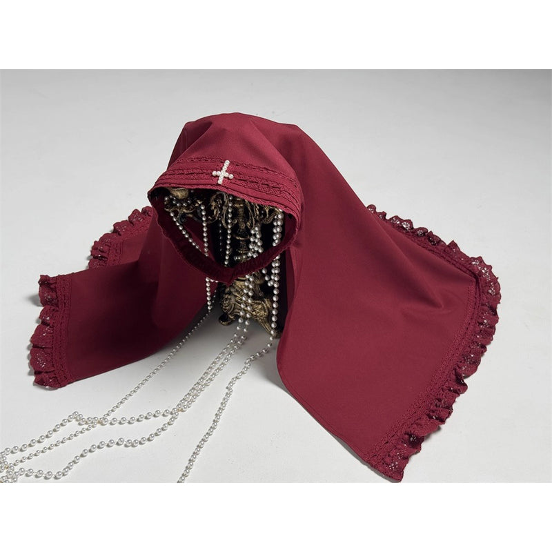 月夜の修道女の刺繍ベール - Wine Red[2025年12月上旬-2026年1月上旬発送予定]