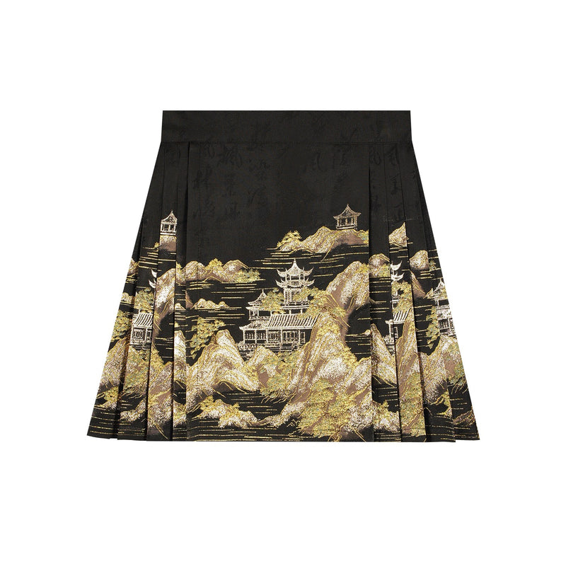 金糸の山水画プリーツスカート