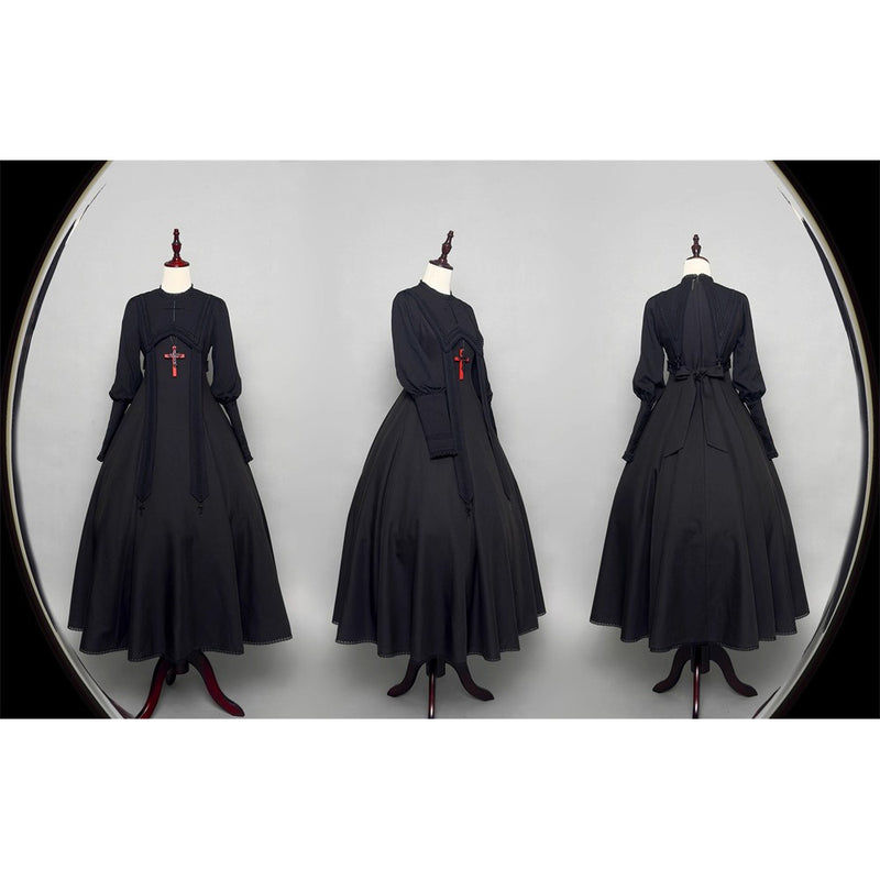 月夜の修道女の刺繍ワンピース - Black（レッグオブマトンスリーブ）[2025年12月上旬-2026年1月上旬発送予定]