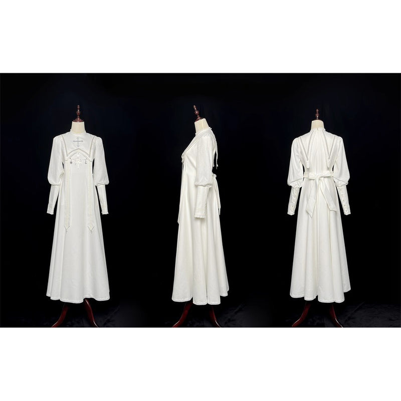 月夜の修道女の刺繍ワンピース - White（レッグオブマトンスリーブ）[2025年12月上旬-2026年1月上旬発送予定]