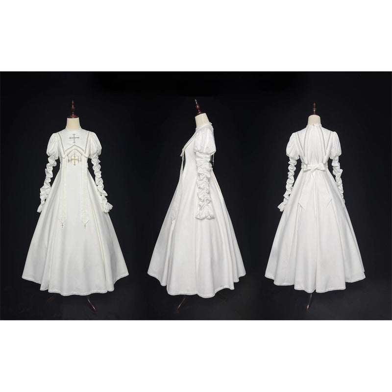 月夜の修道女の刺繍ワンピース - White（シャーリングスリーブ）[2025年12月上旬-2026年1月上旬発送予定]