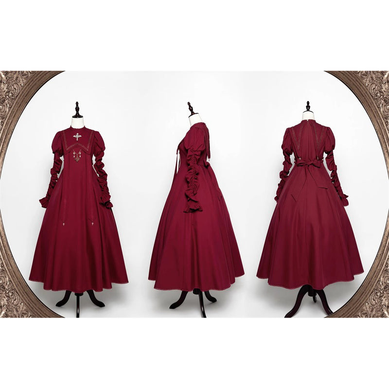 月夜の修道女の刺繍ワンピース - Wine Red（シャーリングスリーブ）[2025年12月上旬-2026年1月上旬発送予定]