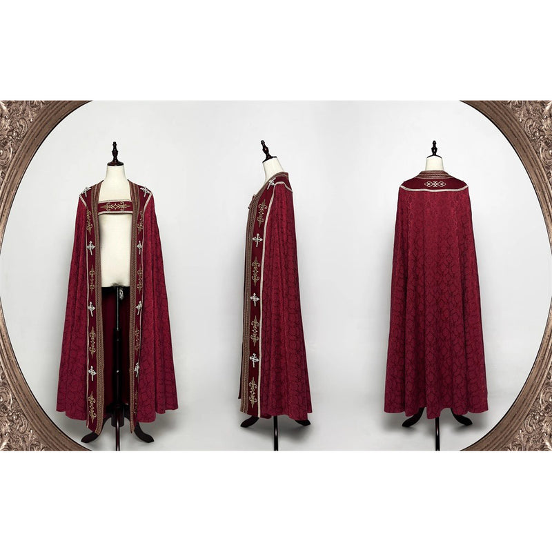 月夜の修道女の刺繍ロングマント - Wine Red × Gold[2025年12月上旬-2026年1月上旬発送予定]