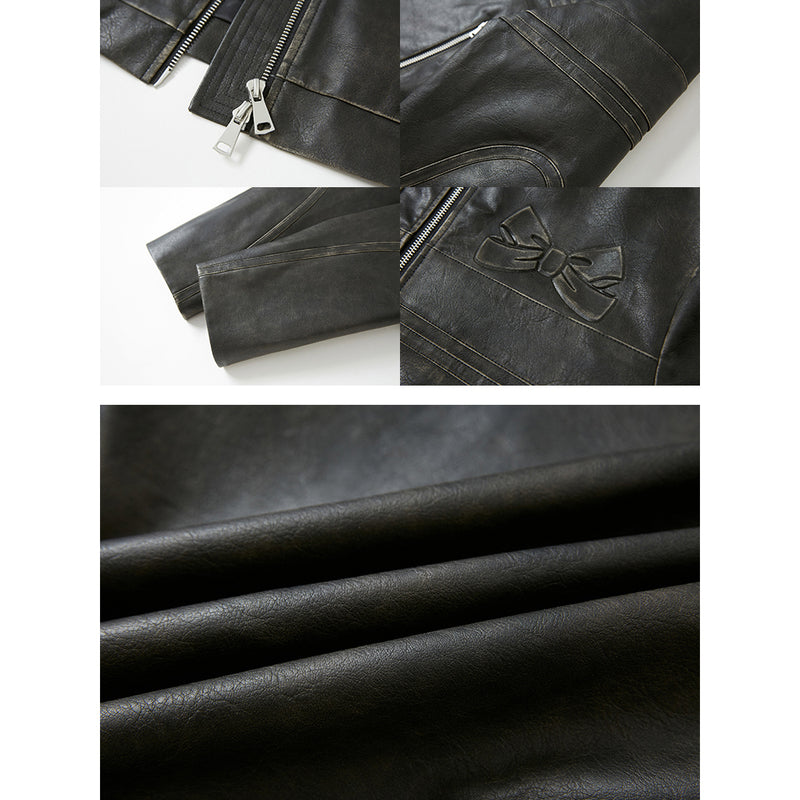 Retro Leather Jacket with Ribbon Pattern