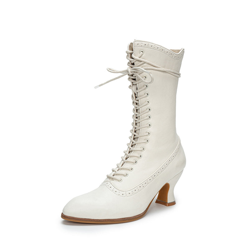 Victorian Pointed Toe Lace Up Boots - Ivory