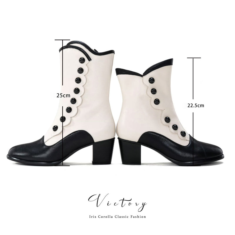 Victorian Round Toe Buttoned Short Boots - Black Ivory[2025年11月上旬-11月下旬発送予定]