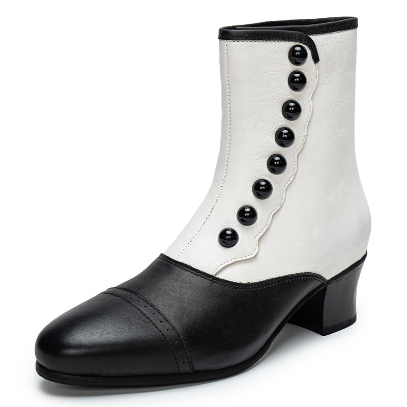 Victorian Round Toe Buttoned Short Boots - Black White