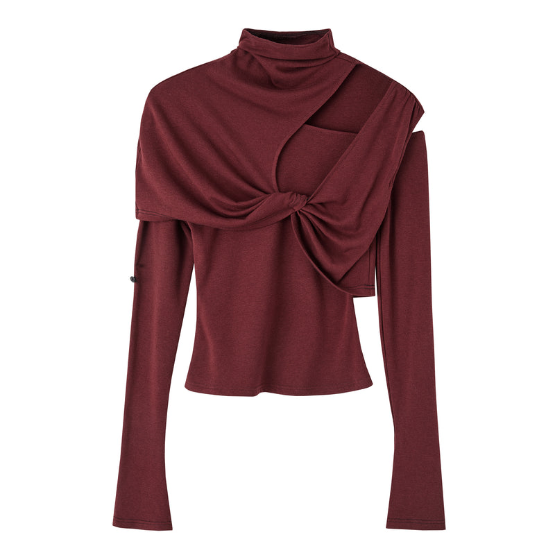 Wine Red Slim Asymmetry Wool Top