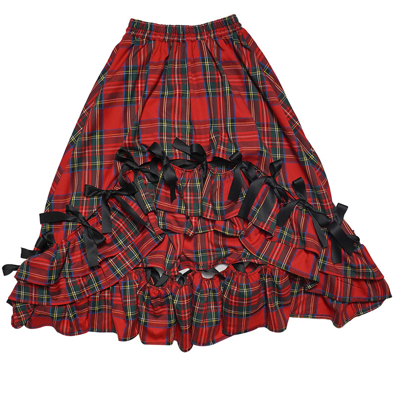 深紅の格子柄リボンフィッシュテールスカート