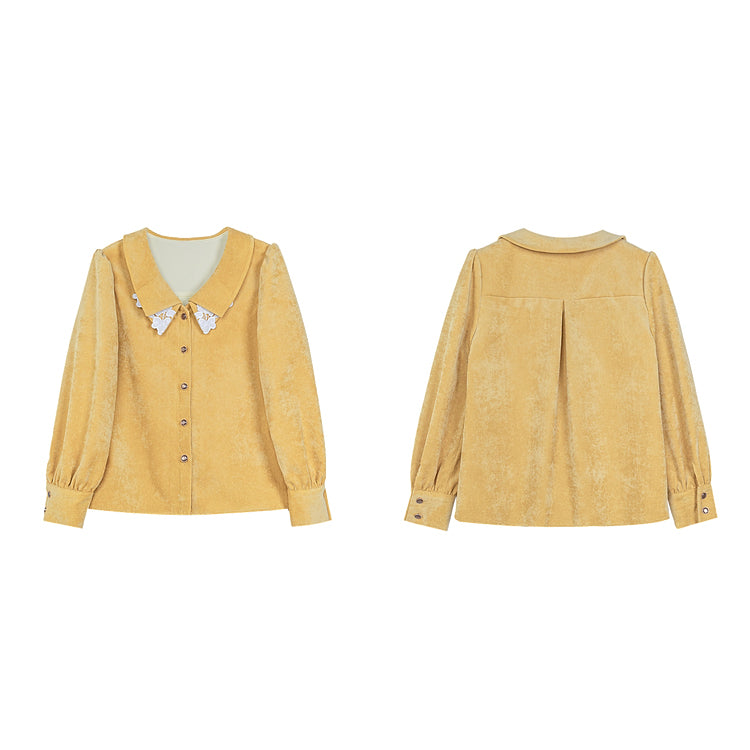 Yellow Floral Embroidered Corduroy Blouse