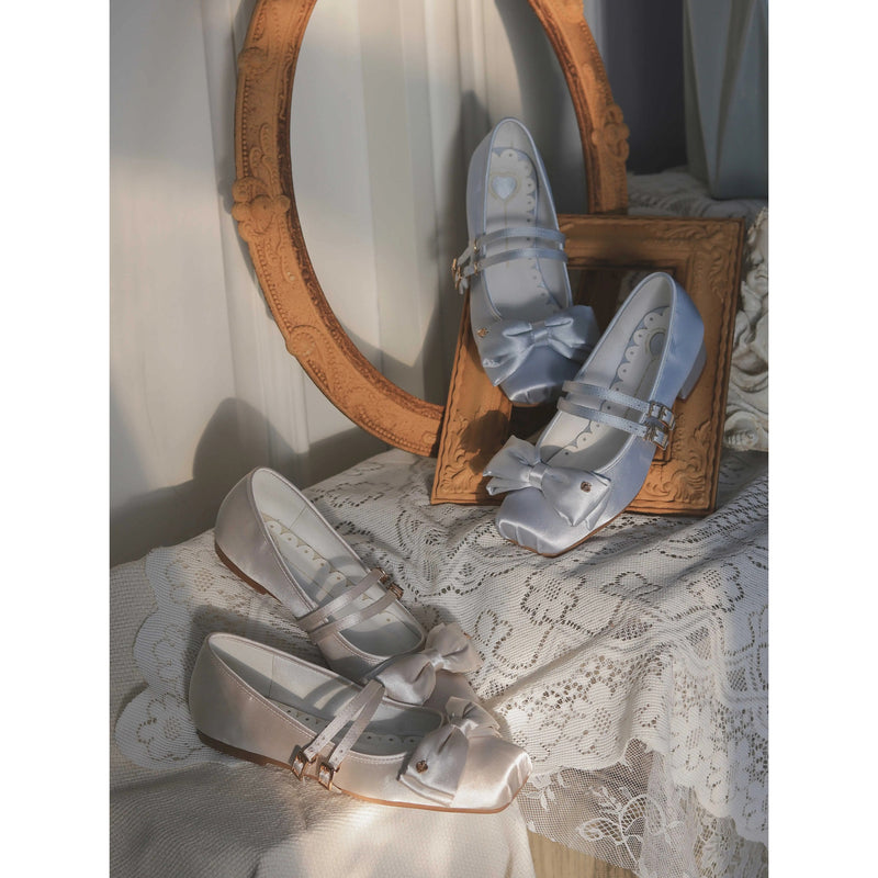 Square-toe Satin Ribbon Ballet Shoes - Mist Blue[2025年11月上旬-12月上旬発送予定]