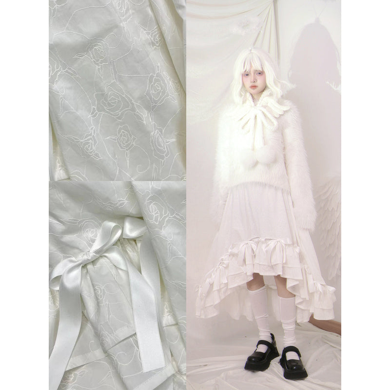 純白の薔薇柄リボンフィッシュテールスカート