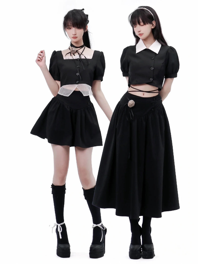 Pitch-black Short top and Laced Skirt