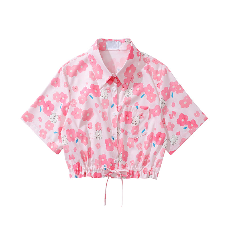 桃色の花と兎のショートシャツ