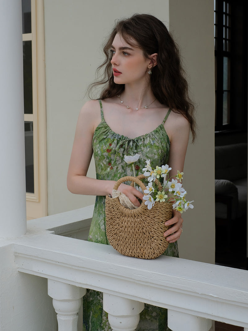 White green forest floral print camisole dress and chiffon cardigan 