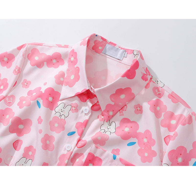 桃色の花と兎のショートシャツ