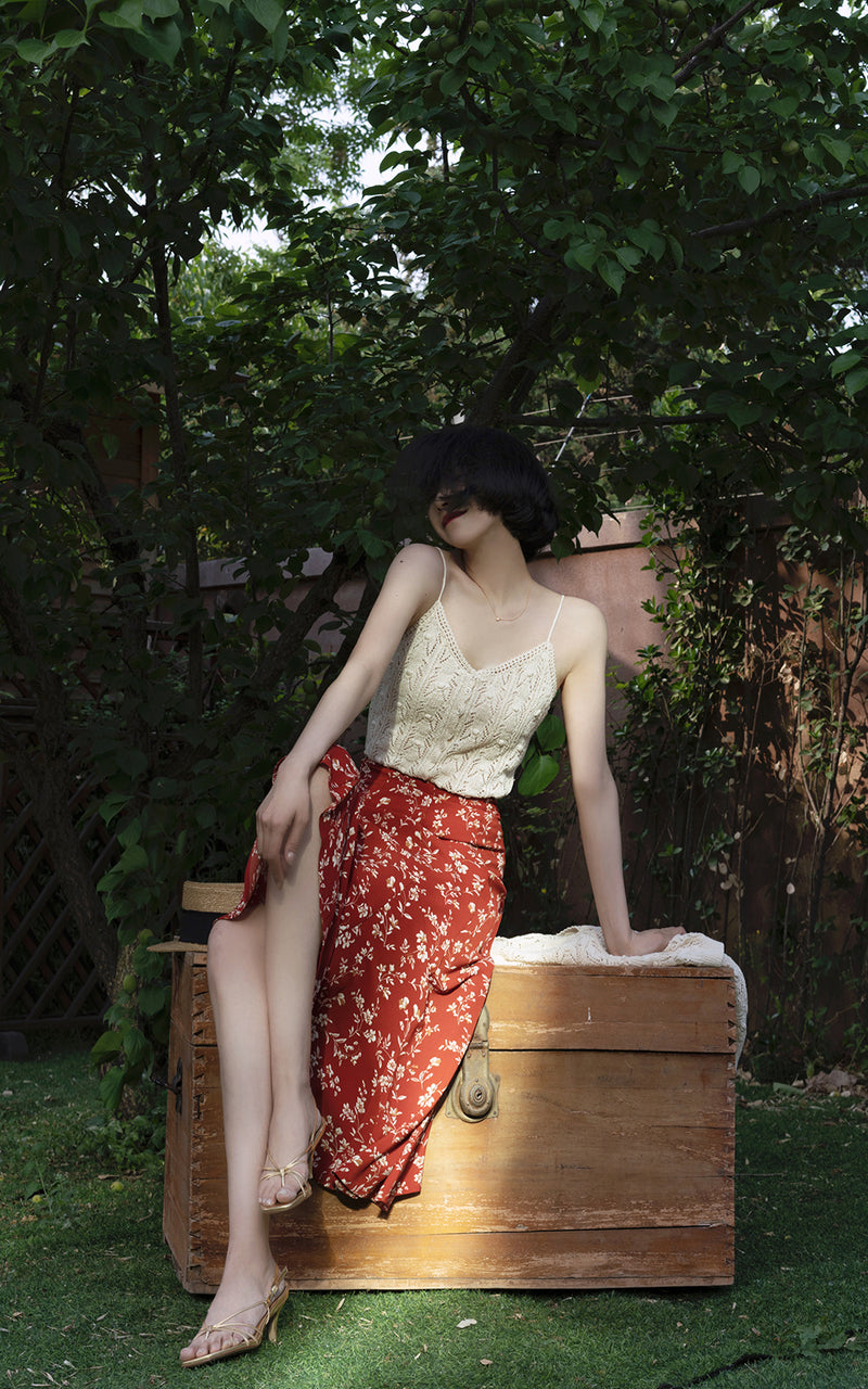 深紅の花模様レトロマーメイドスカート