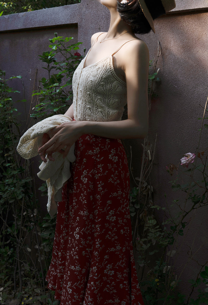 深紅の花模様レトロマーメイドスカート