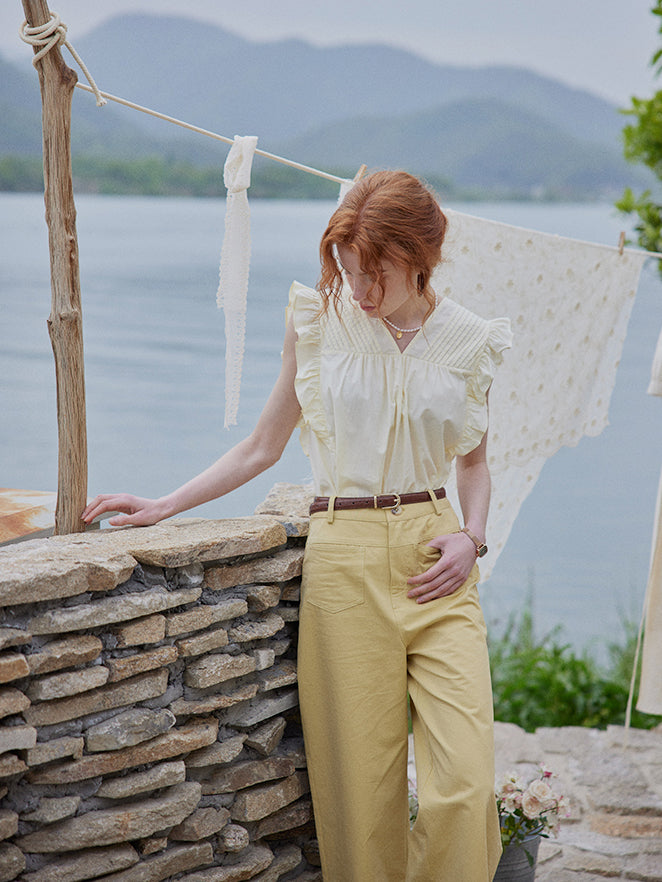 Plant pattern embroidery French blouse