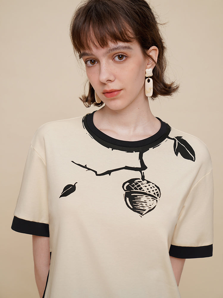 枝葉と果実の墨絵Tシャツ