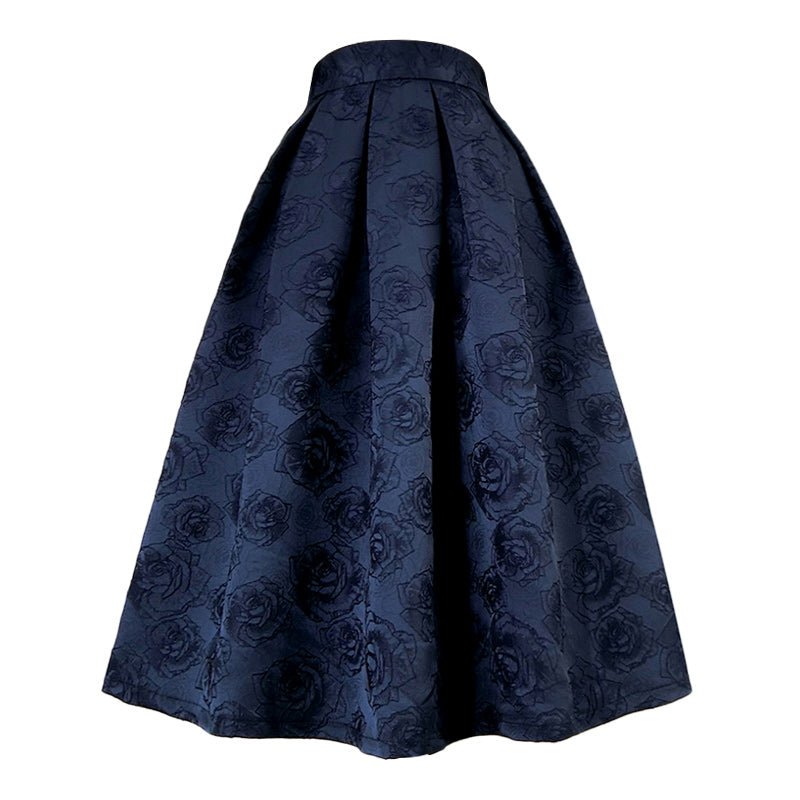 濃紺の薔薇柄ヘップバーンスカート