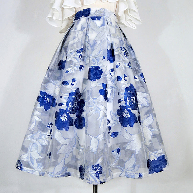 紺青の花柄刺繍ヘップバーンスカート
