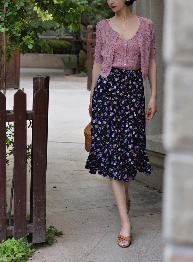 本紫の花模様レトロマーメイドスカート