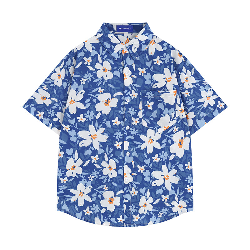 紺碧の花模様シャツ